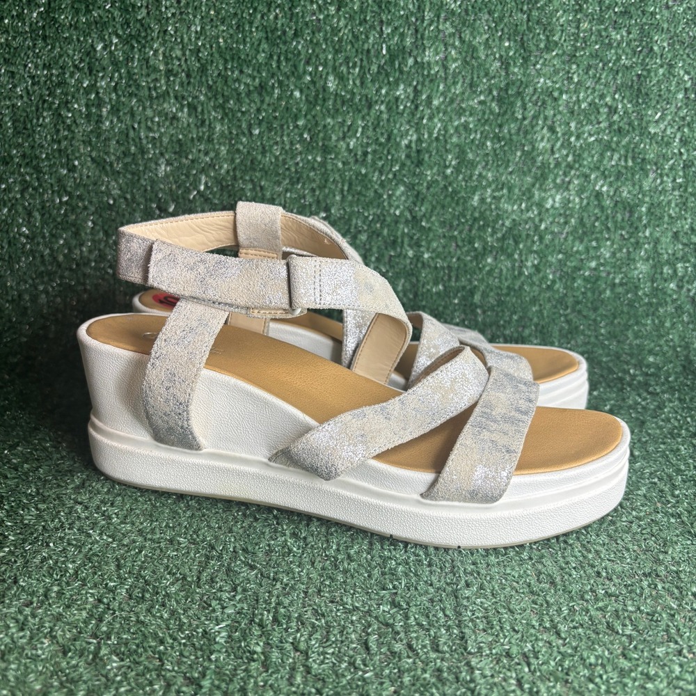 NEW Dr. Scholl's Social Metallic Leather Strappy Wedge Sandal Silver Womens‎ 10M